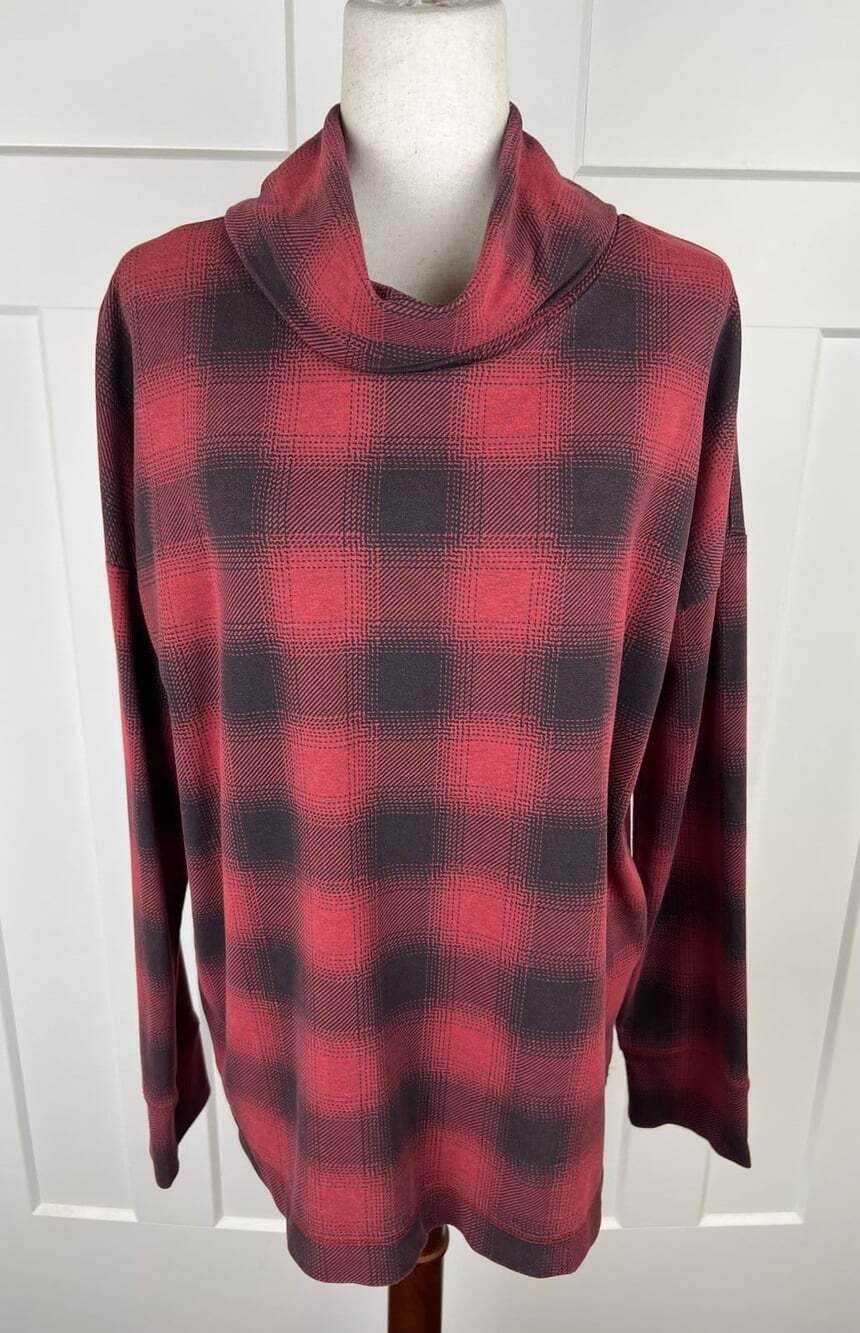 J Jill Fit Tunic Top L Tall Red Black Plaid Cowl Neck Long Sleeve Cotton Blend